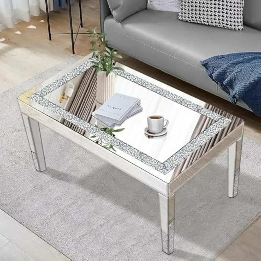 Mesa de centro con espejo plateado con incrustaciones de cristal, mesas de té de vidrio con acabado de espejo, mesa de centro moderna (24 "D x36" W x 18 "H)