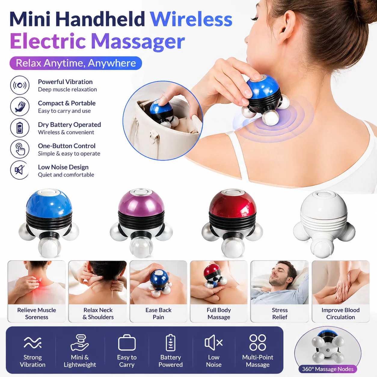 Mini Handheld Wireless Electric Dry Battery Massager for Neck Shoulder Back Waist Cervical Spine Portable Vibration Therapy for
