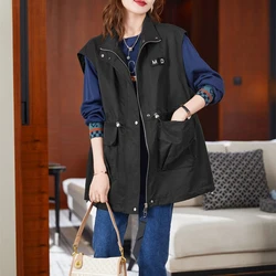 Casual Khaki Women's Vest Oversize Liner Sleeveless Jackets 2024 Spring Summer New Zipper Basic Waistcoat Female Outerwear