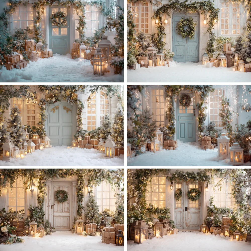

Retro Christmas Front Door Background Photography White Garland Xmas Tree Gift Room Backdrop Winter Kid Birthday Photo