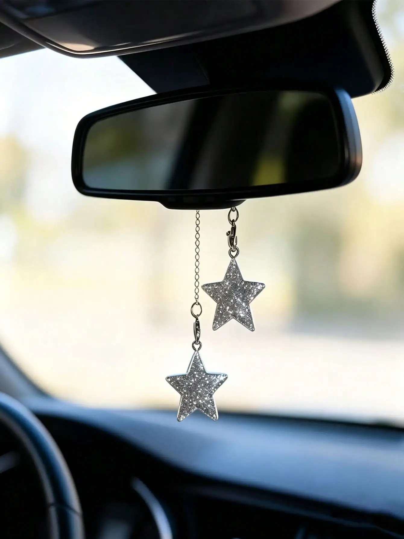 Silver Glitter Star Car Pendant Exquisite Chain Rearview Mirror Hanger Luxury Auto Ornament Universal For All Cars