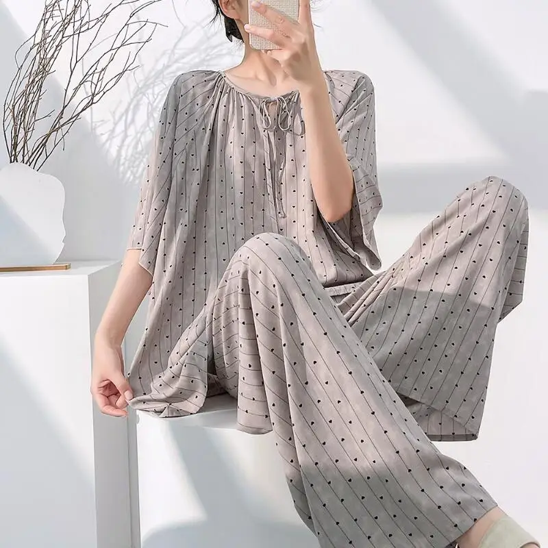 Hot 2026 Spring Summer New Women Cool Comfort Sleepwear Set Fashion Printed Loose Wide Leg Pants Large Home Clothes Two Pieceset view 4