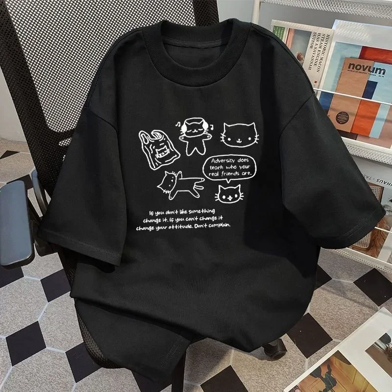 

American Retro Cute Cat Printed Summer New Short-sleeved T-shirt Women Harajuku Casual Loose Short-sleeved Top Clothing