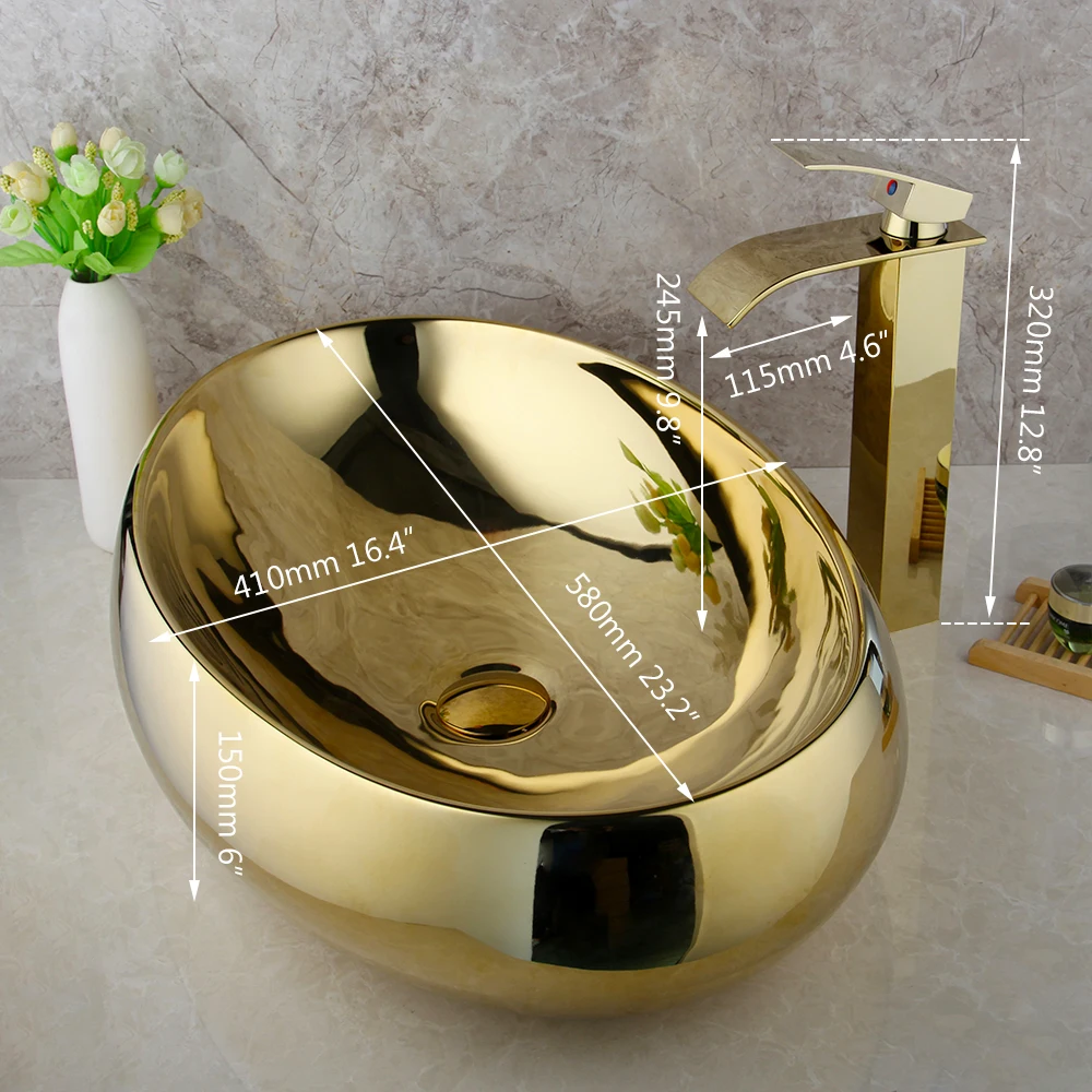 Torayvino Luxury Golden Ceramic Lavatory Sink Set Solid Brass Bathroom Tap Washbasin Basin Sink Set Bath Combine Mixer Faucet