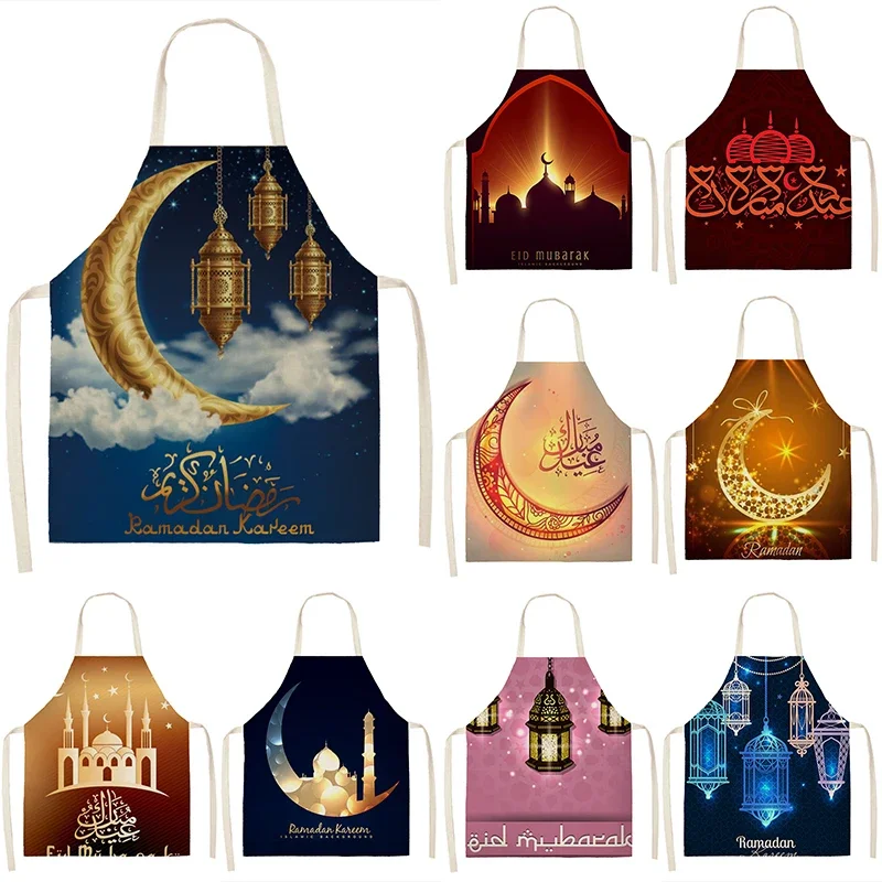 Star Crescent Eid Mubarak Printed Home Cooking Baking Waist Bib Cotton Linen Muslim Ramadan Kareem Kitchen Apron For Women Decor