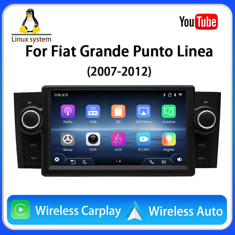 Reproductor de coche de 7 pulgadas para Fiat Grande Punto Linea, sistema Linux, Carplay inalámbrico, Android Auto con cable, radio USB, Bluetooth 5.1, FM