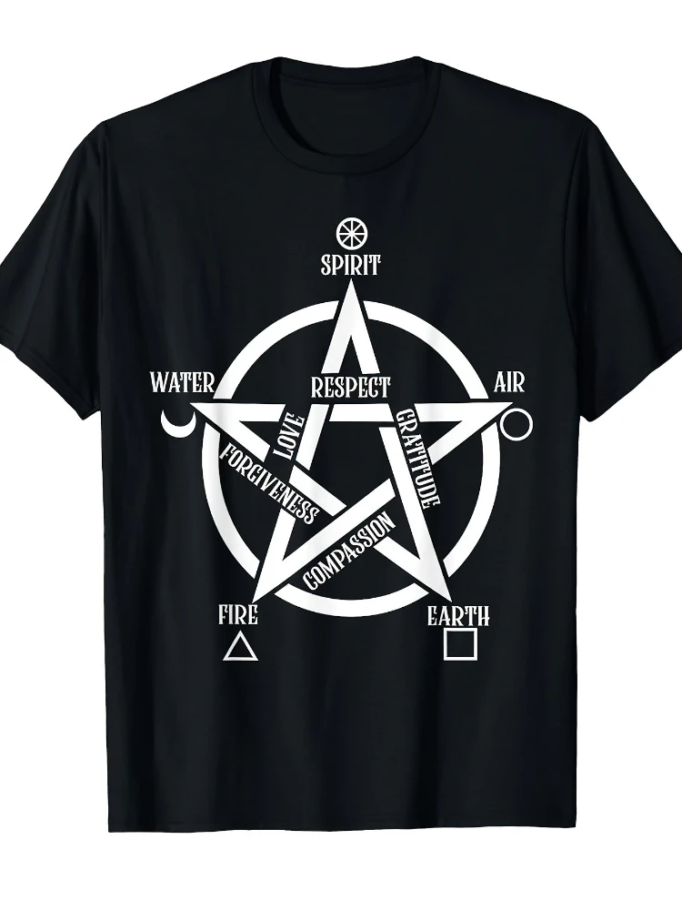 

Spirit Water Fire Earth Air Elemental Pentagram Witch-Mystical Symbols Graphic-cotton O-neck short sleeve printed men's T-shirt.