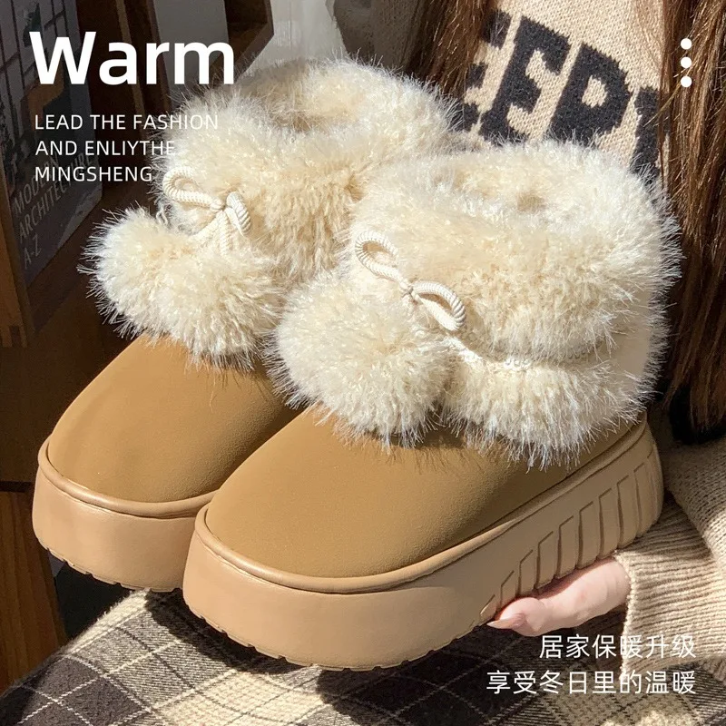 

Platform Cotton Shoes Women 2025 Winter Thicken Plush Non Slip Warm Shoes Height Increase Fashion Bow Knot Lace Edge Snow Boots
