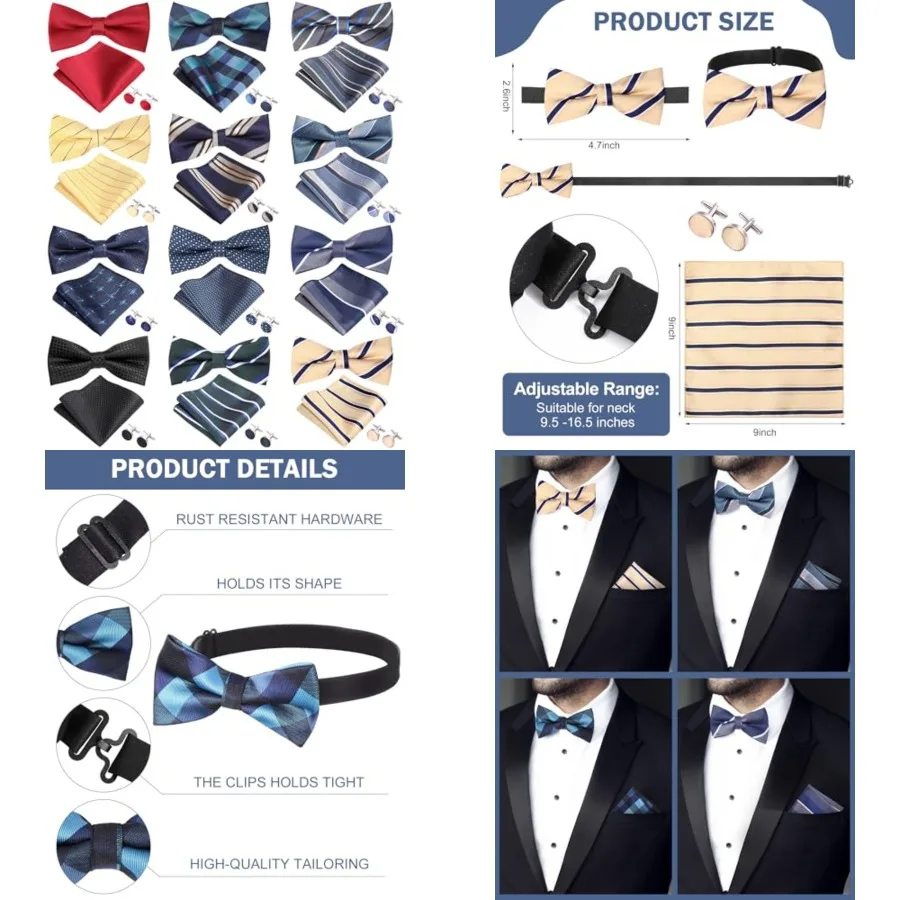 Chicingyou 12 Bowties for Men Bow Ties and Pocket Square Set and Cuff Link Self Pre Tied Clip on Bow for Wedding Formal Party