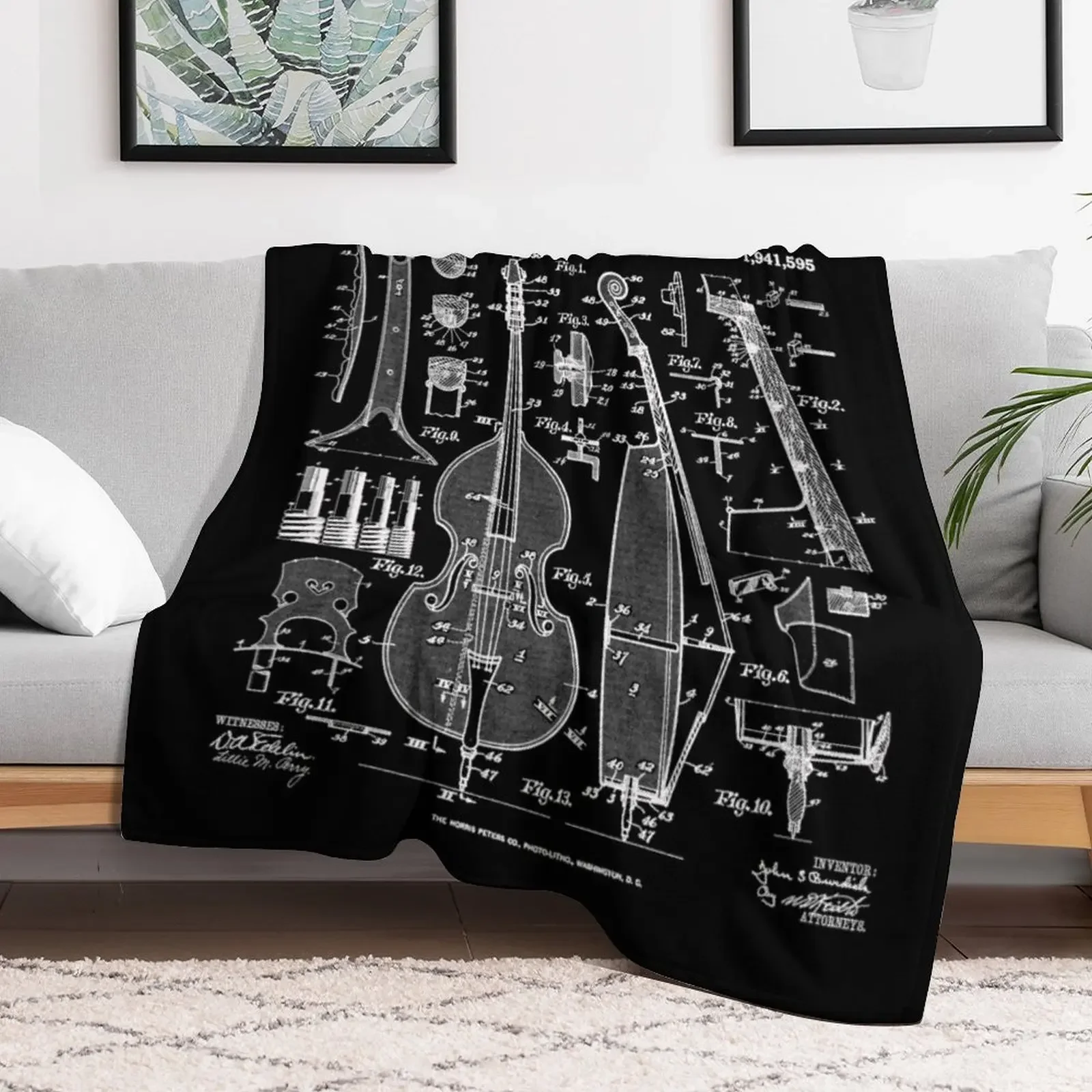 Double Bass Player Bassist Musical Instrument Vintage Patent Throw Blanket wednesday Luxury St Blankets