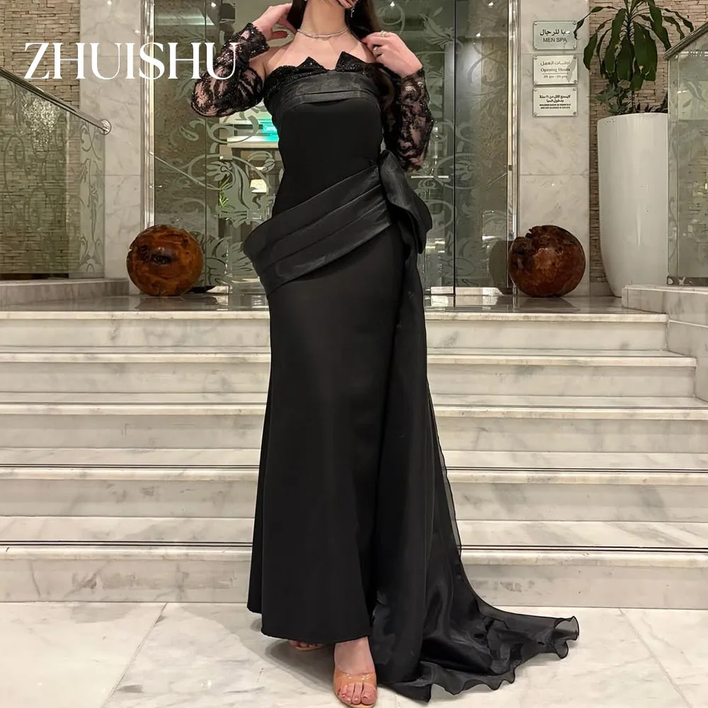 

ZHUISHU Black Elegant Saudi Dubai Evening Gown Lace Long Sleeves Party Dress for Special Occasion Customized Prom Dresses
