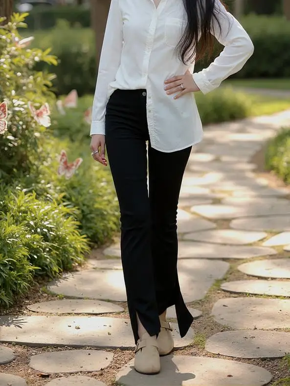 

Джинсы с расклешенным подолом и разрезом, женские повседневные свободные брюки розового цвета с высокой талией, модные женские брюки, уличная одежда, удобные винтажные