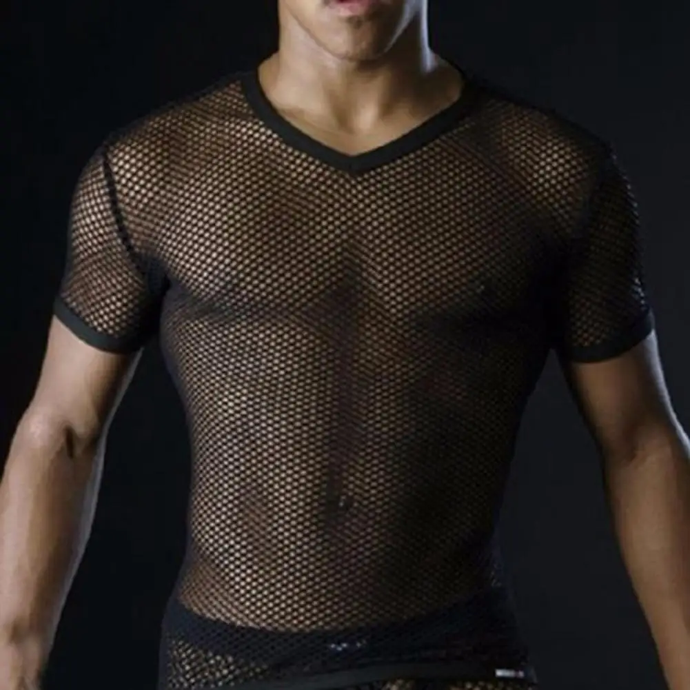 Mesh Men T-shirt Men Mesh Sexy Men See Through Blouse Sexy T-shirt Skin-friendly