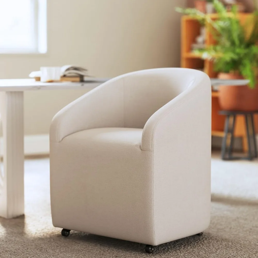 

White Barrel Dining Chairs on Casters, Modern Upholstered Swivel Dining Room Chairs with Wheels