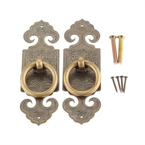 DRELD 2Pcs Antique Chinese Brass Straight Furniture Handle Door Hardware Cabinet Copper Pull Knob for Wood Box 10cm/12cm/15cm