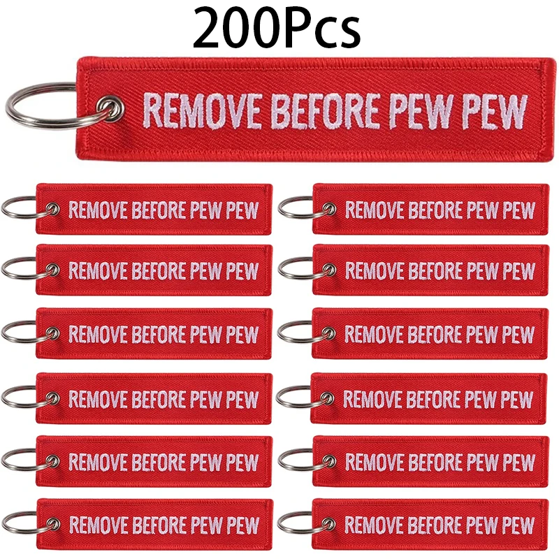 200Pcs REMOVE BEFORE PEW PEW Keychains for Driver Biker Motorcycle Motorbike Car Keychain Key Tag Chain Fob Ring