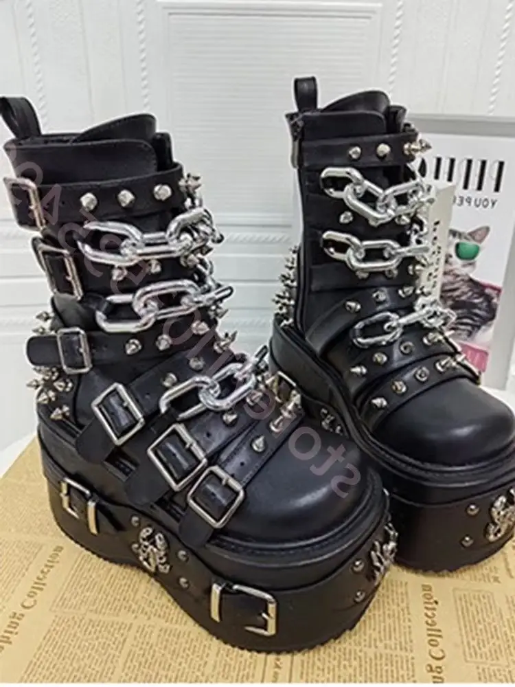 Fashion Platform Studded Chain Punk Motorcycle Boots Sporty Casual Street Rock Boot Spring New round Toe Buckle Short Boots