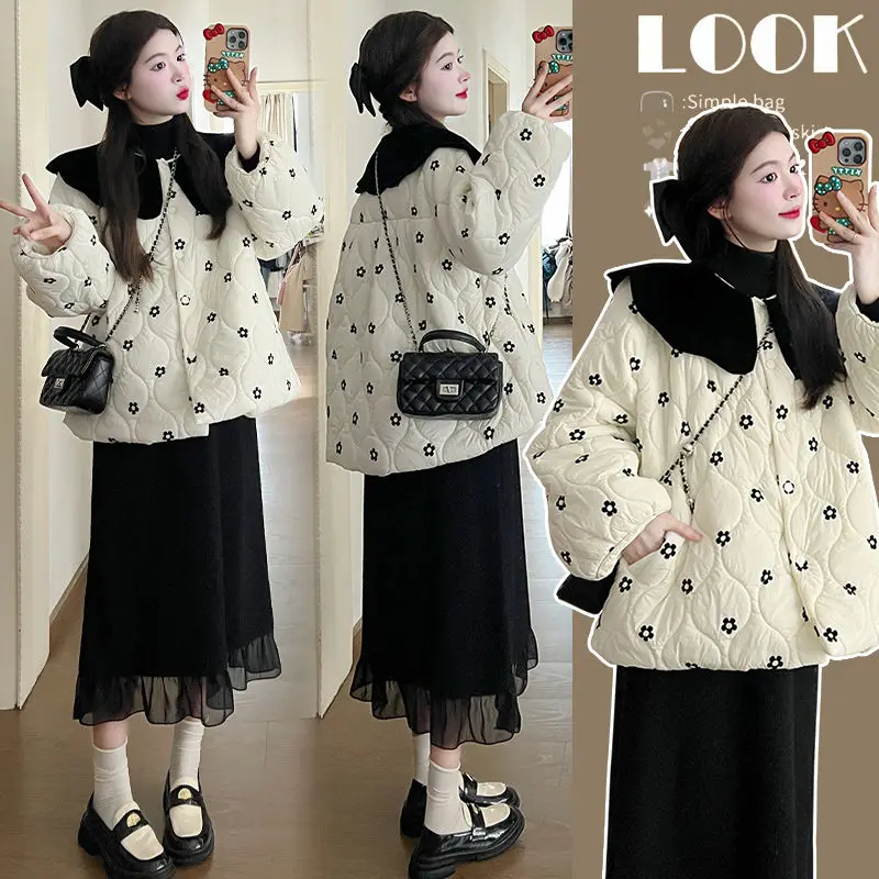 Korean Style Fashion Sweet Doll Collar Cotton Jackets for Women Autumn Winter Vintage Elegant Loose Casual Floral Printed Coats