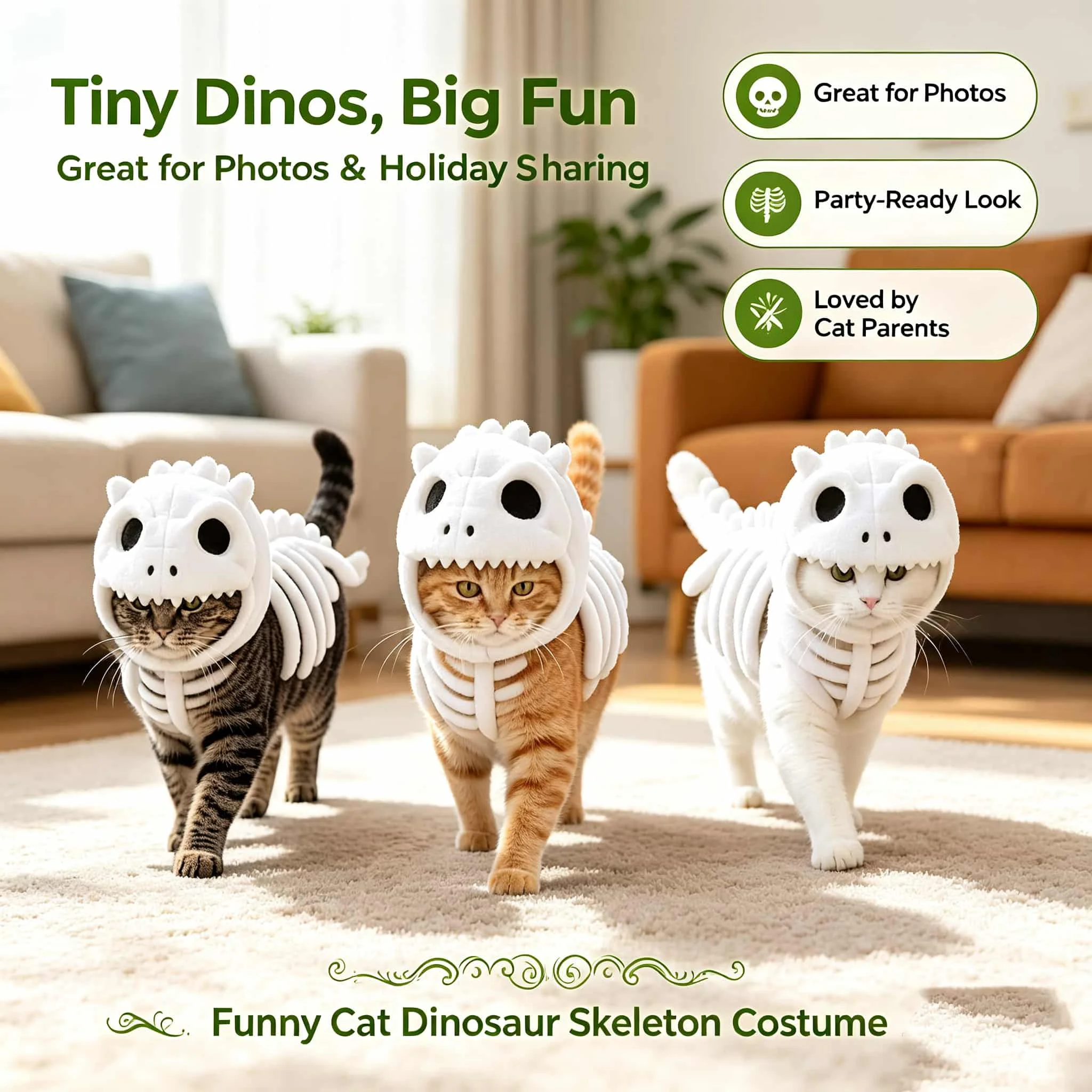 Halloween Dinosaurier-Skelett-Katzenkostüm, leuchtet im Dunkeln, Plüsch-Kapuzen-Cosplay-Outfit für kleine und mittelgroße Katzen, lustiges Party-Foto-Requisit – Detail 10