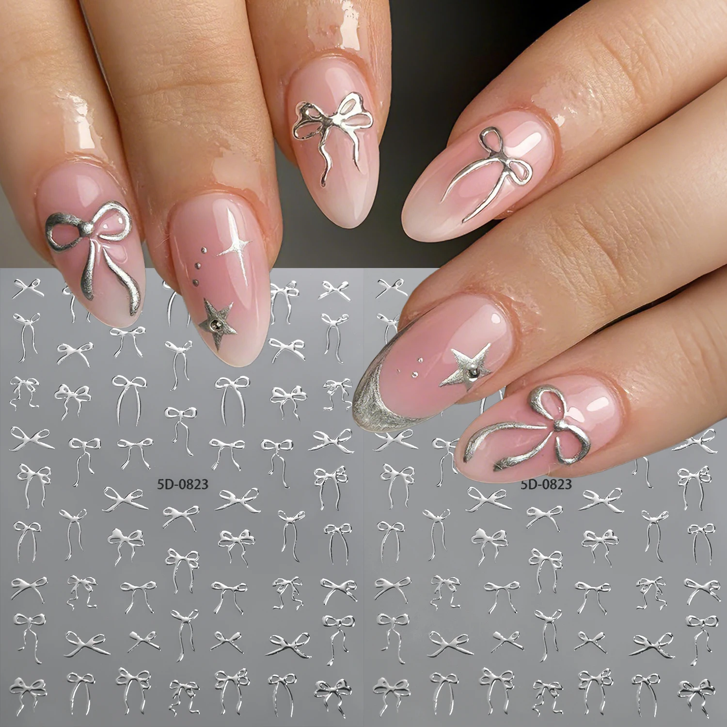1/2Pcs 5D Embossed Silver Bow Nail Stickers y2k Metallic Silver Balletcore Bowtie Adhesive Nail Decals Delicate Ribbon Bow Nail
