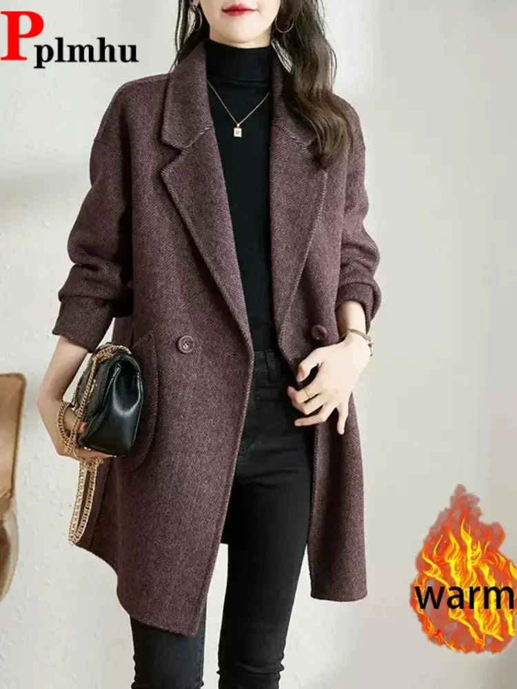 

Thickened Warm Woolen Abrigos Coat Women's Casual Single Button Loose Casaco Elegant Mid-Long Korean Fashion Suit Jackets