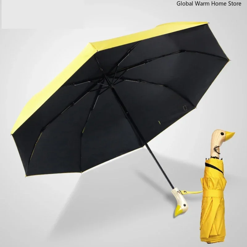 Cute Duck Wooden Handle Umbrellas Folding Automatic Anti-UV Windproof Black Coating Lady Portable Sun Parasol Umbrella Academy