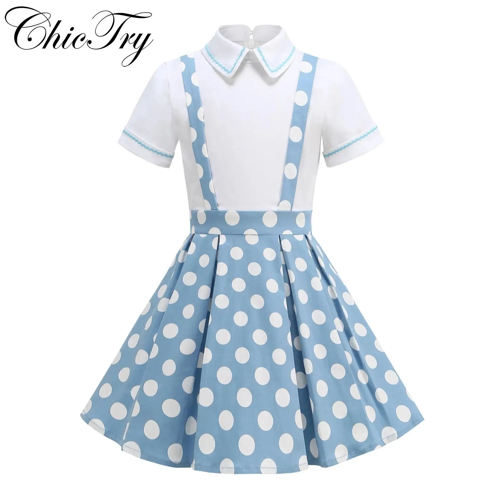 

Kids Girls 1950s Retro Dress Short Sleeve Polka Dots Print Suspender Swing Dress Themed Party Cosplay Dresses Summer Holiday