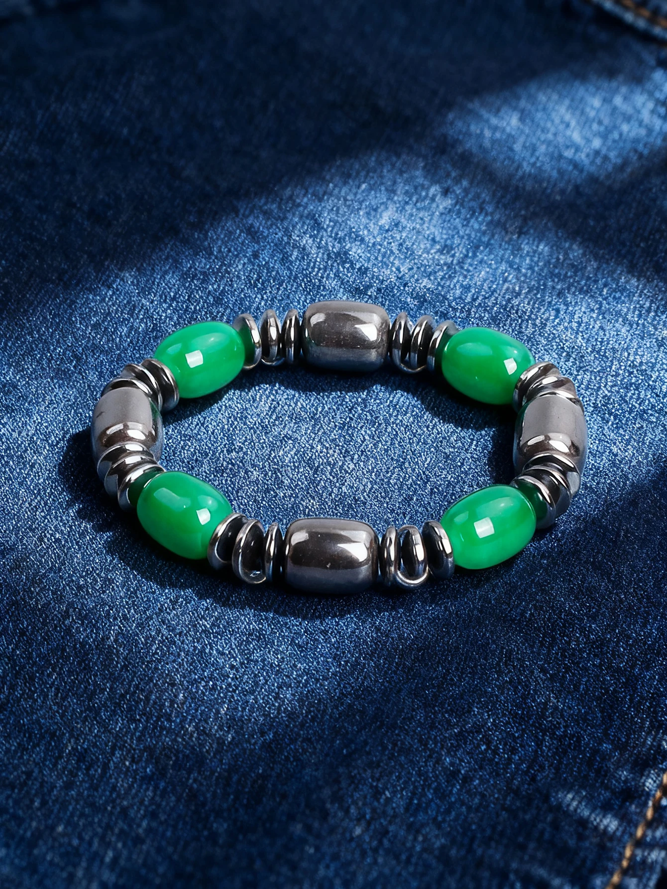Hematite & Green Agate Cylinder Bead Bracelet Natural Stone Hematite Spacer Beads for Vigour Protection Balance Strength Jewelry