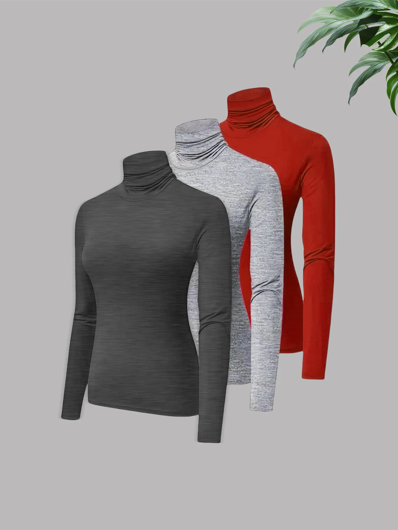 

New fashion women's solid color warm turtleneck base layer versatile long sleeve plus size T-shirt three-piece set