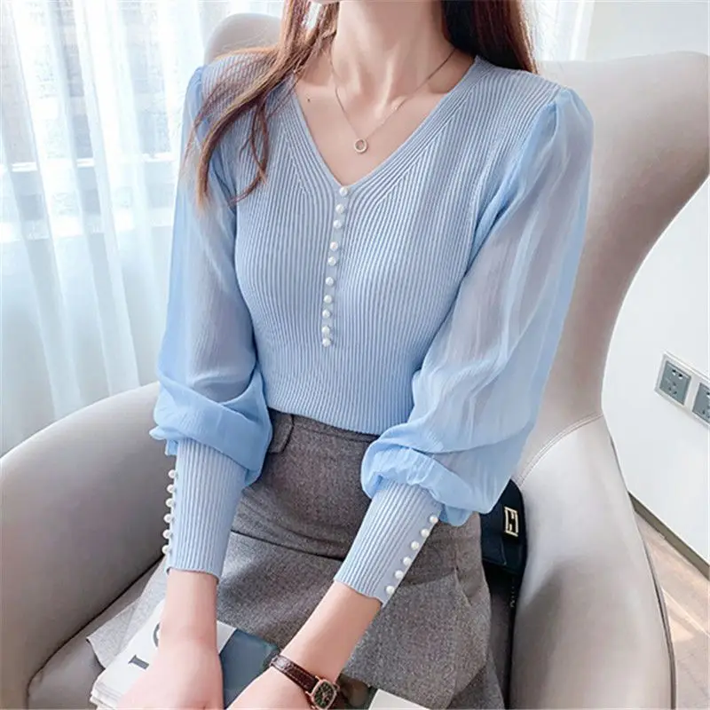 Spring Autumn New V-neck Fashion Puff Sleeve Sweater Women High Street Solid Color Pullovers Elegant Embroidered Flares Tops
