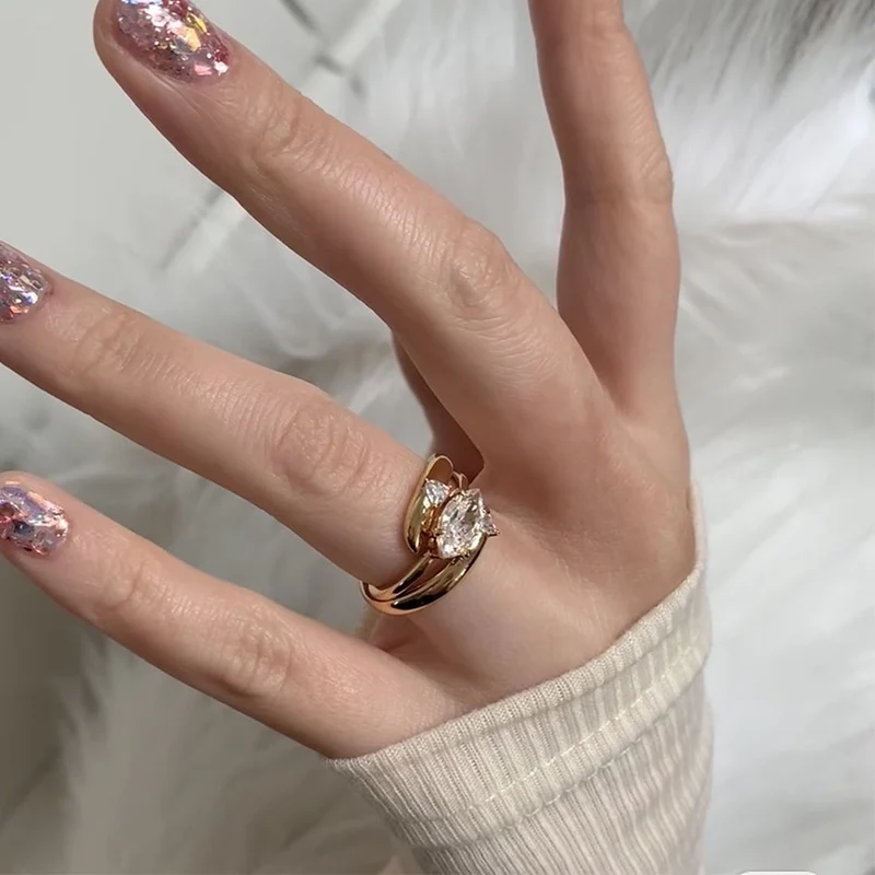 Mewanry Gold Color Sparkling Zircon Rings Set For Women Girl Creative Design Trendy Exquisite Elegant Wedding Bride Jewelry Gift
