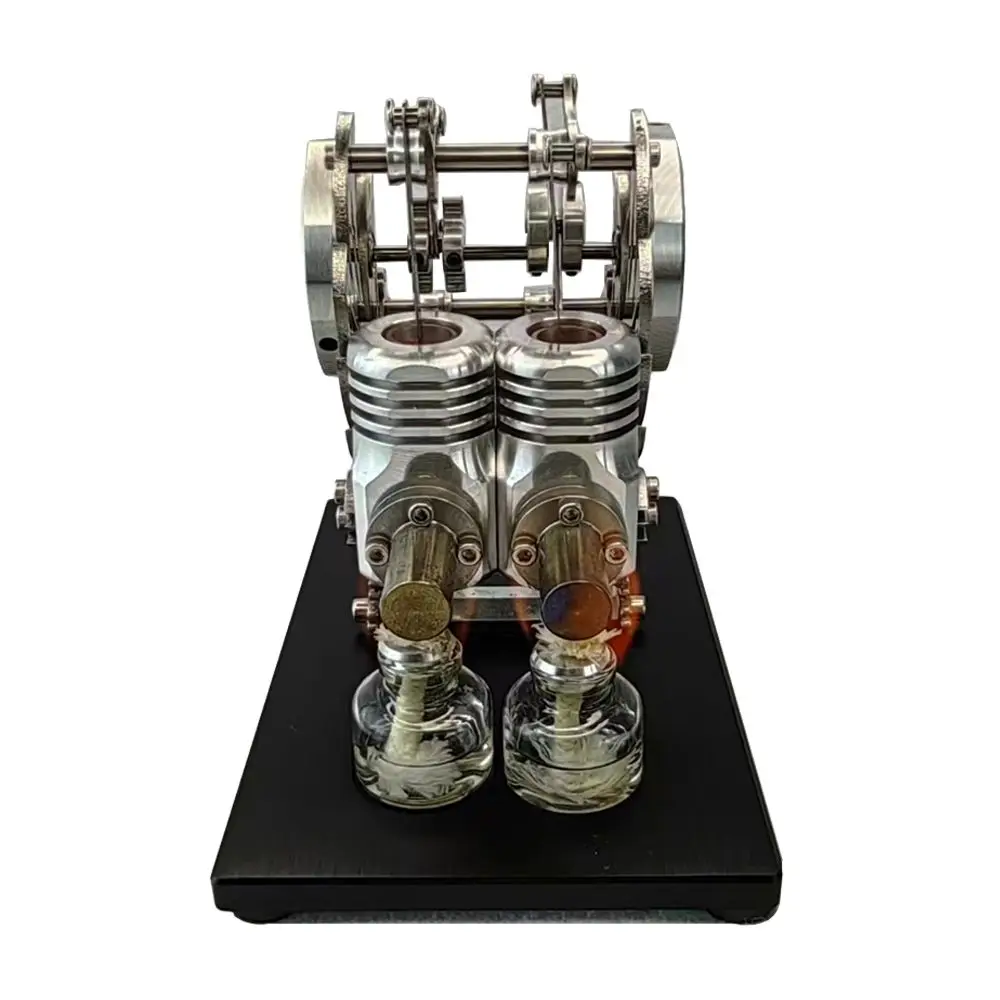 Metal cylinder Stirling engine generator with movable engine, miniature external combustion engine model, dual cylinder