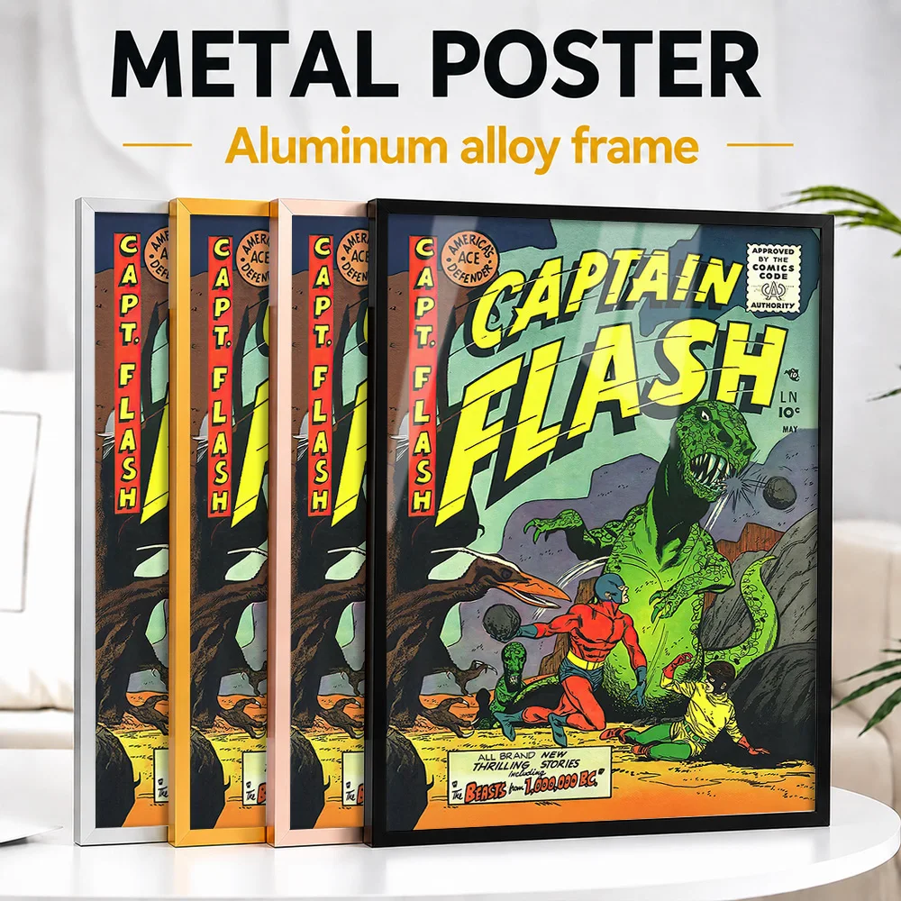 Captain Flash Vintage Comic Framed Metal Print Customized Photo Warm Heritage Style Wall Art For Media Room Superhero Fan Gift
