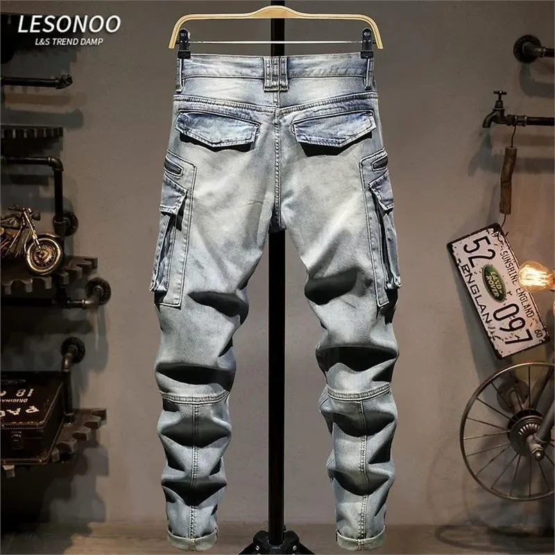

Trendy Outdoor Workwear Jeans Men's Multiple Pockets Straight Leg High Street Washed Heavy Casual Men's Pants