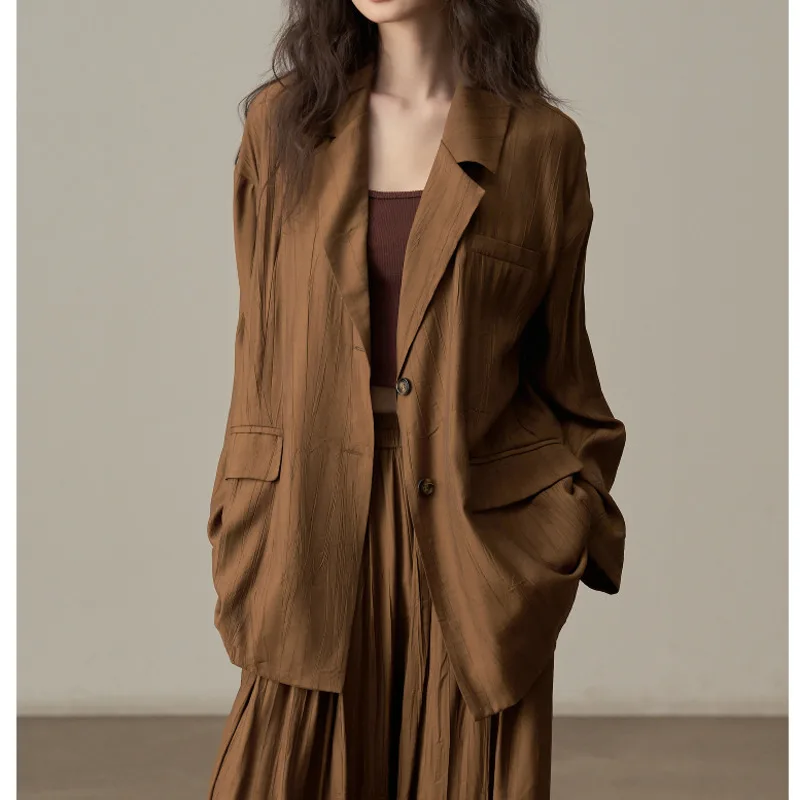 KWTX 2025 Spring Summer Women’s Vintage Streetwear 2-Piece Set Casual Pleated Shirt & Wide Leg Pants Coffee Luxury High Quality