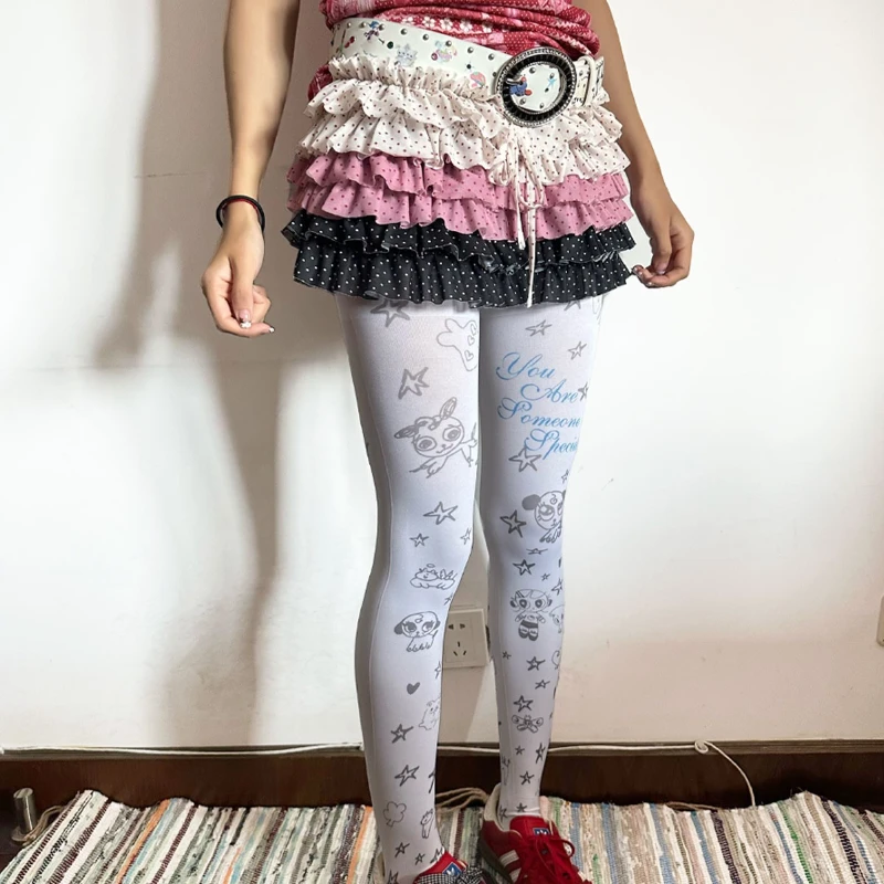 Japanese Original Design White Y2K Print Irregular Graffiti Full Print Women's Stockings Autumn New Cute Versatile Tights Ladies