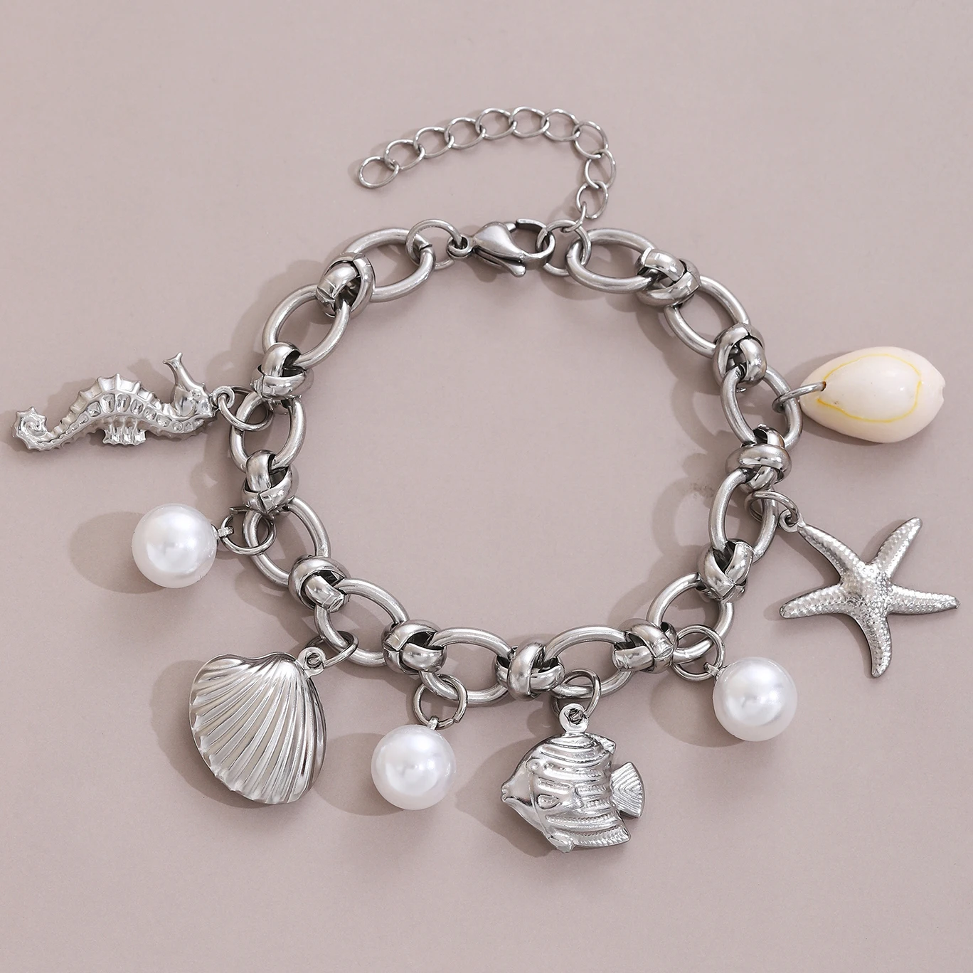 

Summer Beach Stainless Steel Bracelets for Women Starfish Shell Ocean Style Pendant Bohemian Jewelry Gift Fashionable ResortWear