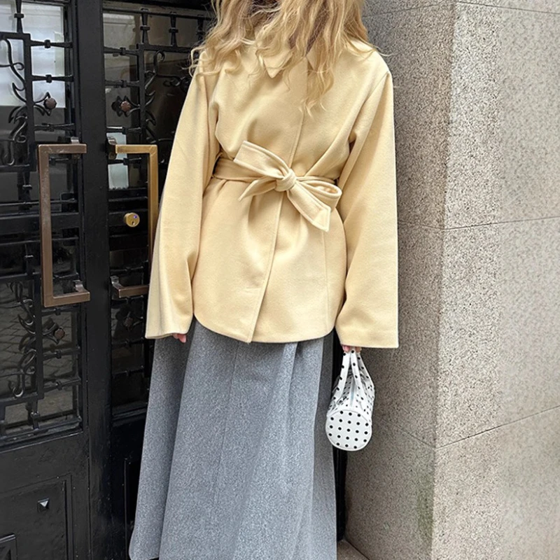 

Korean Simple Temperament, Solid Color Lace-up Mid-length Woolen Jacket Women's 2025 Style Autumn and Winter New Style