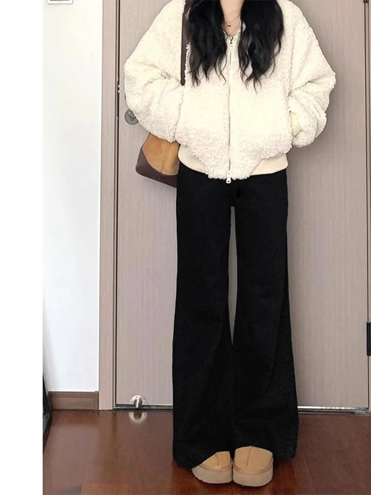 

American Retro Flared Jeans Women's Autumn Winter plus Size Bla High Waist Slimming Drapey Wide Leg Bell Bot Long Trousers