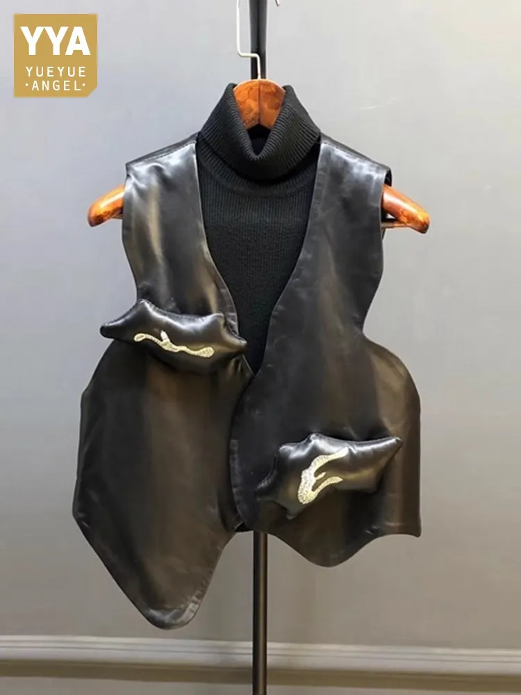 

Irregular Personality Women Genuine Leather Vest Streetwear V Neck Embroidery Sleeveless Jacket Casual Lady Sheepskin Waistcoat