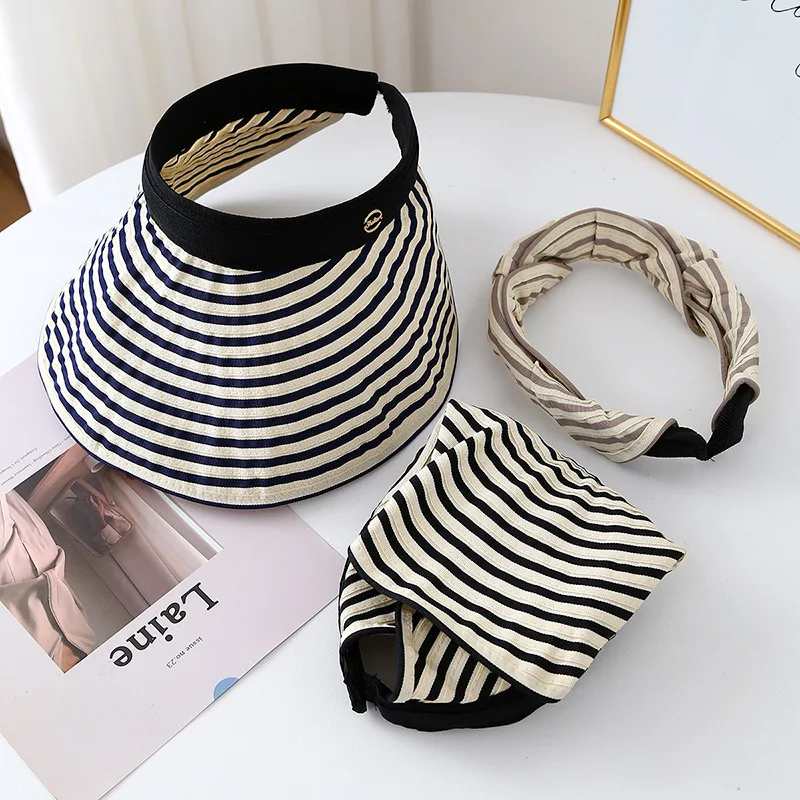

USPOP 3-in-1 Foldable Sun Visor Hat for Women Summer Wide Brim Stripe Headband Beach Cap UV Protection