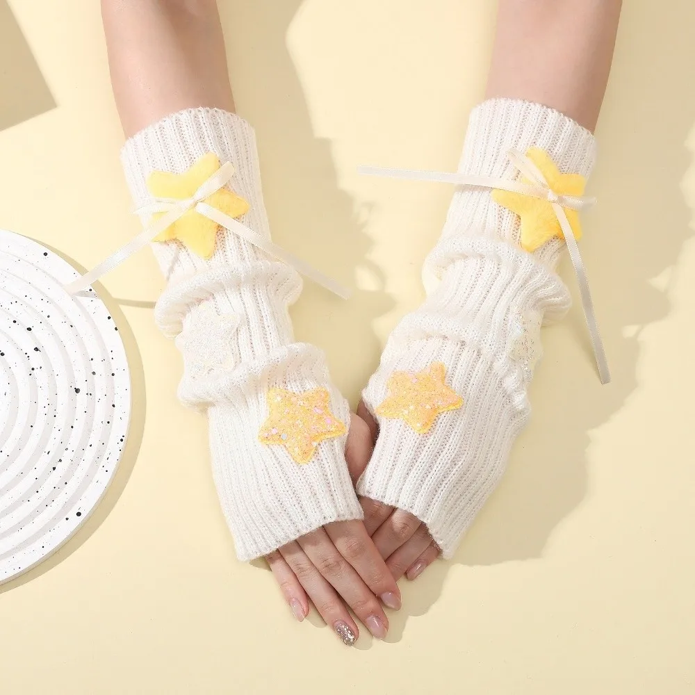 Sequin Star Decorated Fingerless Arm Covers Ribbon Bow Decor Half Finger Gloves Windproof Warm Long Cuff Typing Gloves