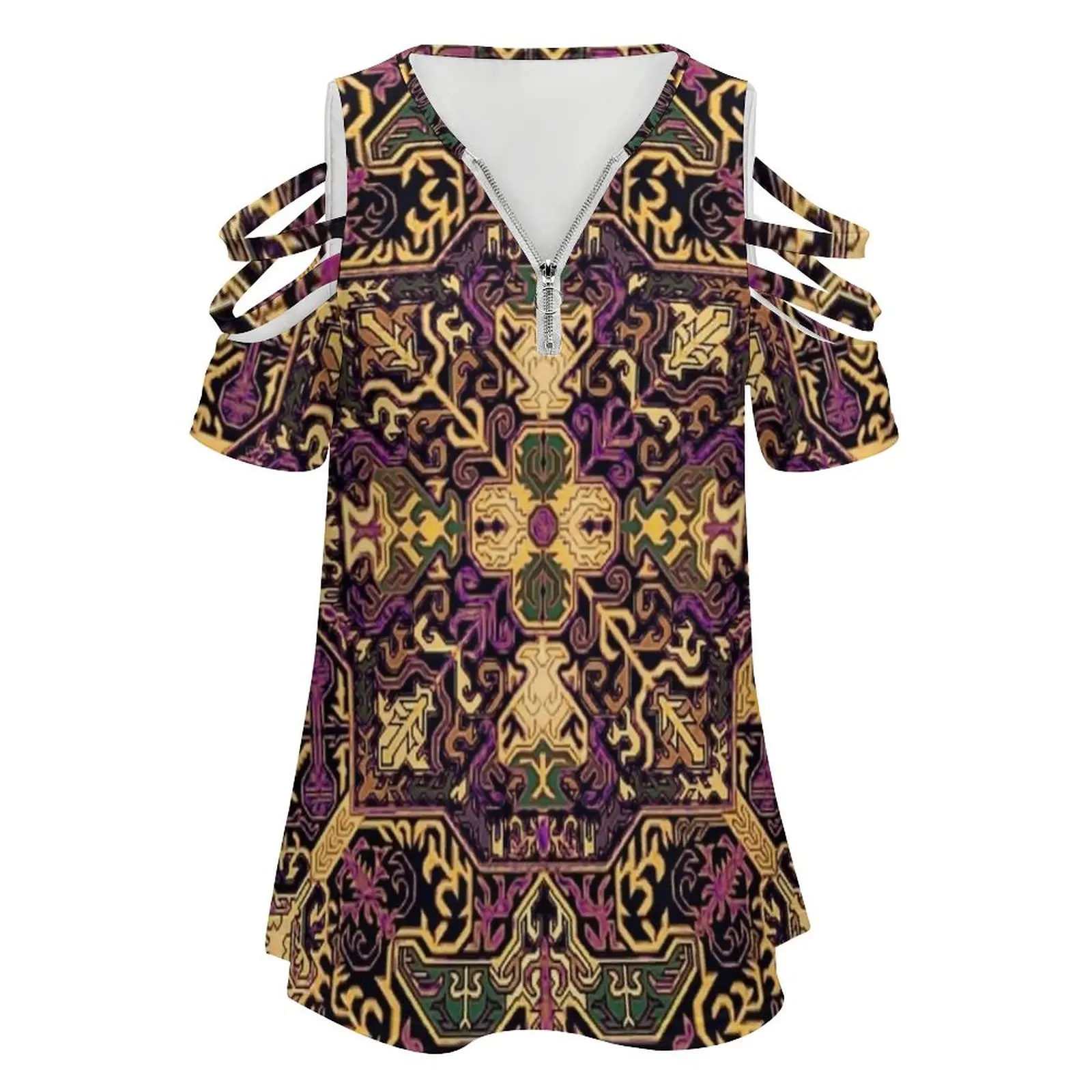 Armenian Traditional Artwork Հայկական Ավանդական Արվեստի Գործ New Fashion Zip Off Shoulder Top Short-Sleeve Women Shirt Armenia