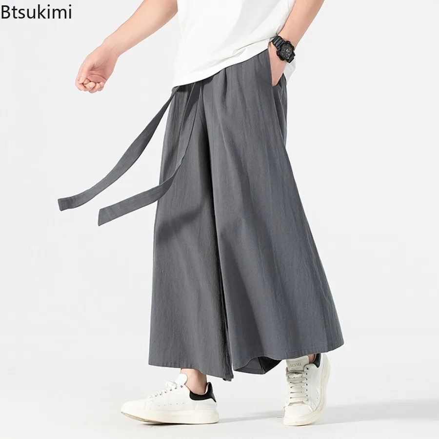 2025 Chinese Style Cotton Linen Pants Men's Japanese Kimono Casual Trousers Harajuku Streetwear Summer Retro Wide Leg Pants Male