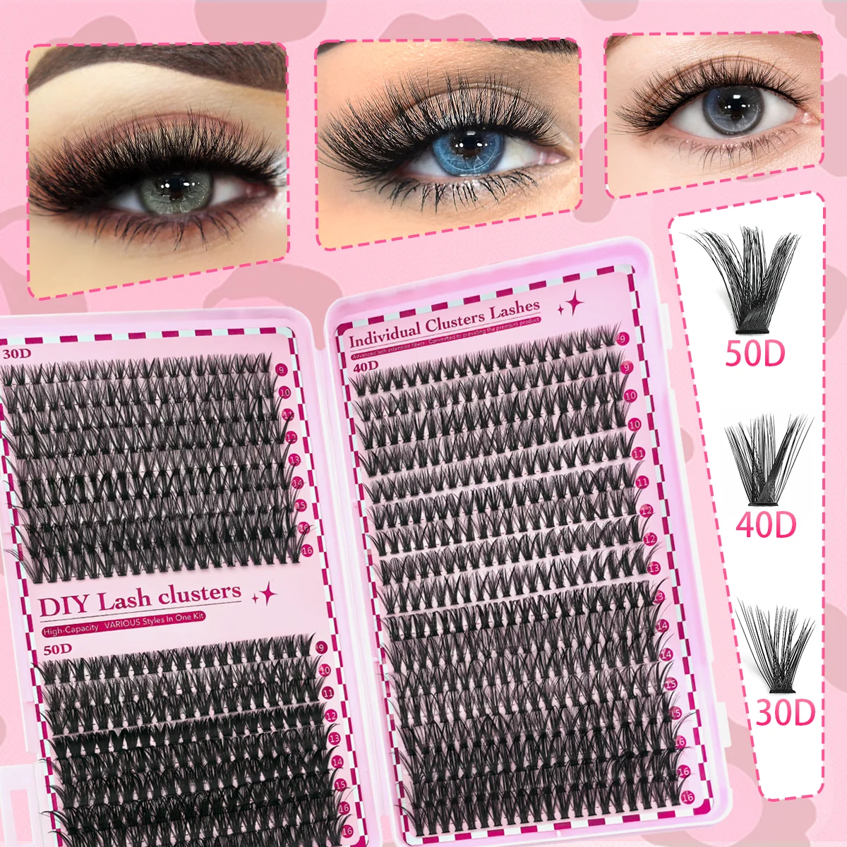 Conjunto de cílios postiços fofos 30D40D50D, cachos D misturados de 9-16 mm para maquiagem perfeita dos olhos com cola, pinça, pincel