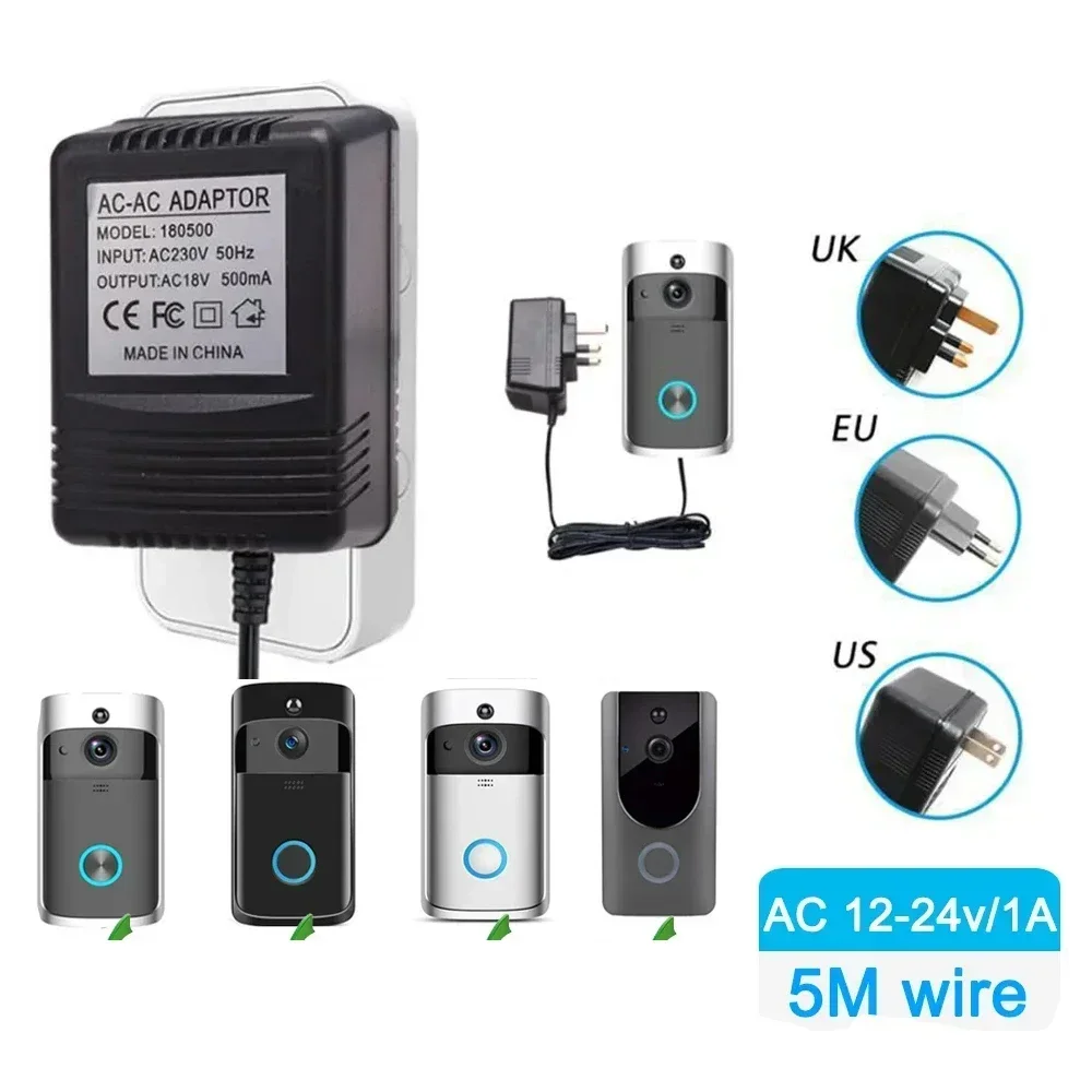 Adaptador de corriente para timbre de puerta, dispositivo de 220V-240V para timbre de vídeo inteligente con Wifi, anillo de timbre de puerta de vídeo, cargador de transformador de CA de 18V, 1 piezas, UE, Reino Unido, EE. UU.