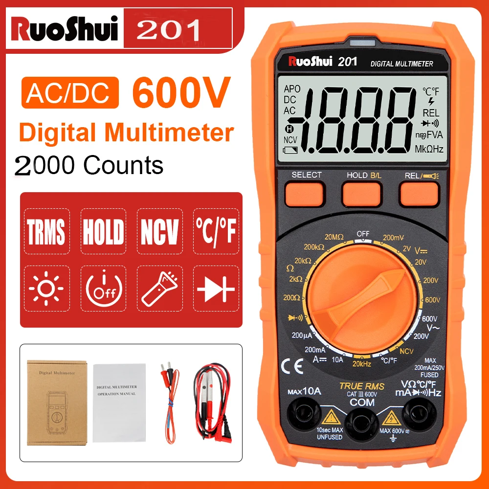RuoShui 25A2000Cts Digital Multimeter Tester TRMS AC/DC Voltage Tester Amp Ohm Volt Meter Large LCD Screen Multimetro Tester 201