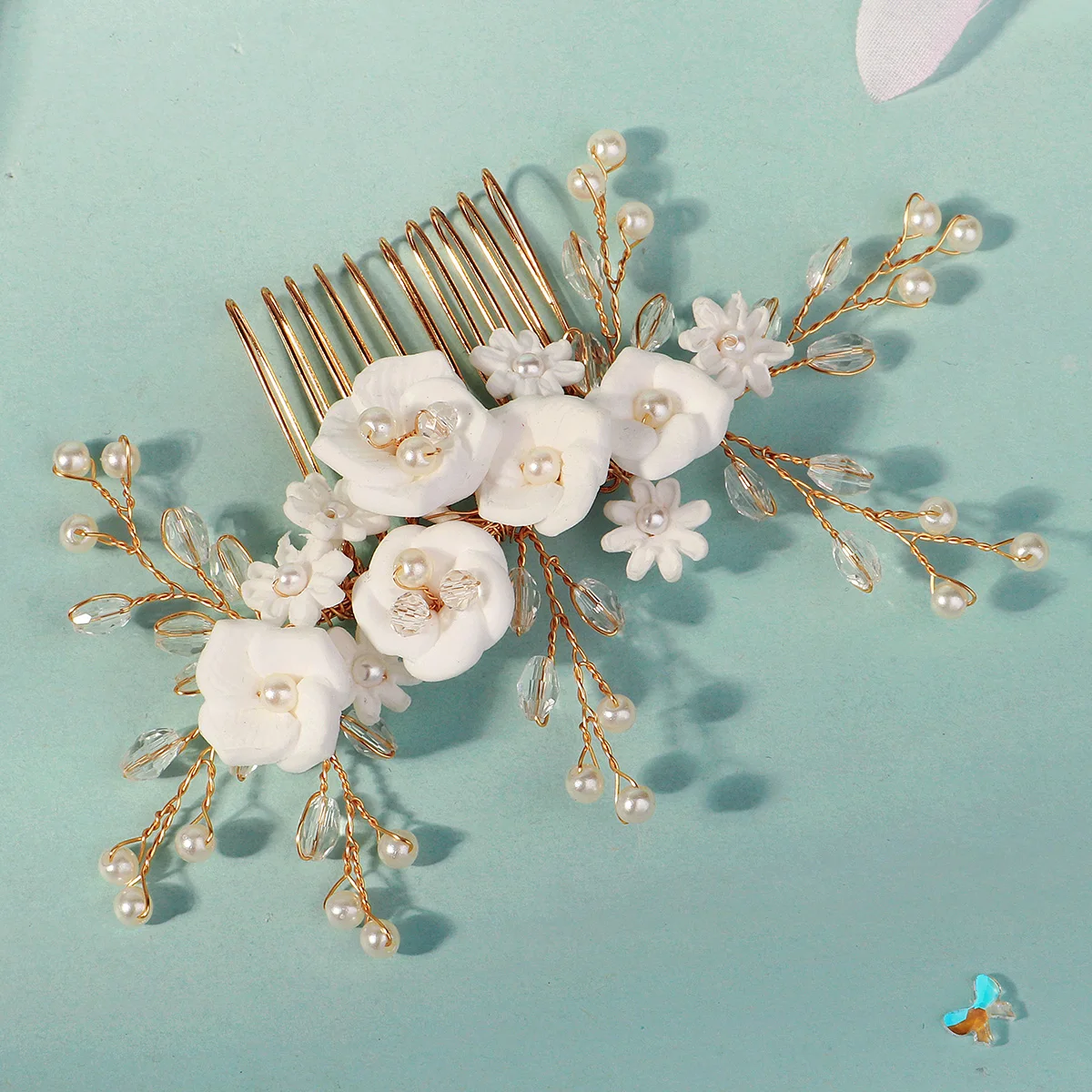 Elegante weiße Polymer Clay Blumen Damen Haarkämme Mode Kristall Perle Haarnadeln Braut Hochzeit Kopfschmuck Schmuck – Detail 12