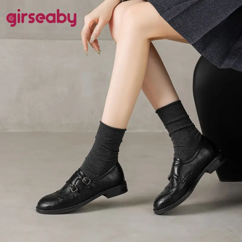 

Женские туфли Girseaby в стиле ретро, ​​туфли без шнуровки с круглым носком, дышащая обувь для отдыха с пряжками, обувь больших размеров 41, 42, 43, весна