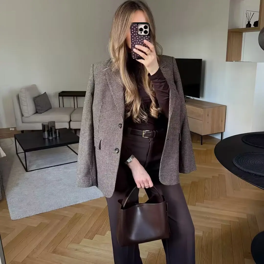 Sli Design Karierter Anzug Jaet Vielseitige, lässige, lockere Passform Damen-Oberbekleidung aus Polyestergewebe mit Vogelaugenmuster